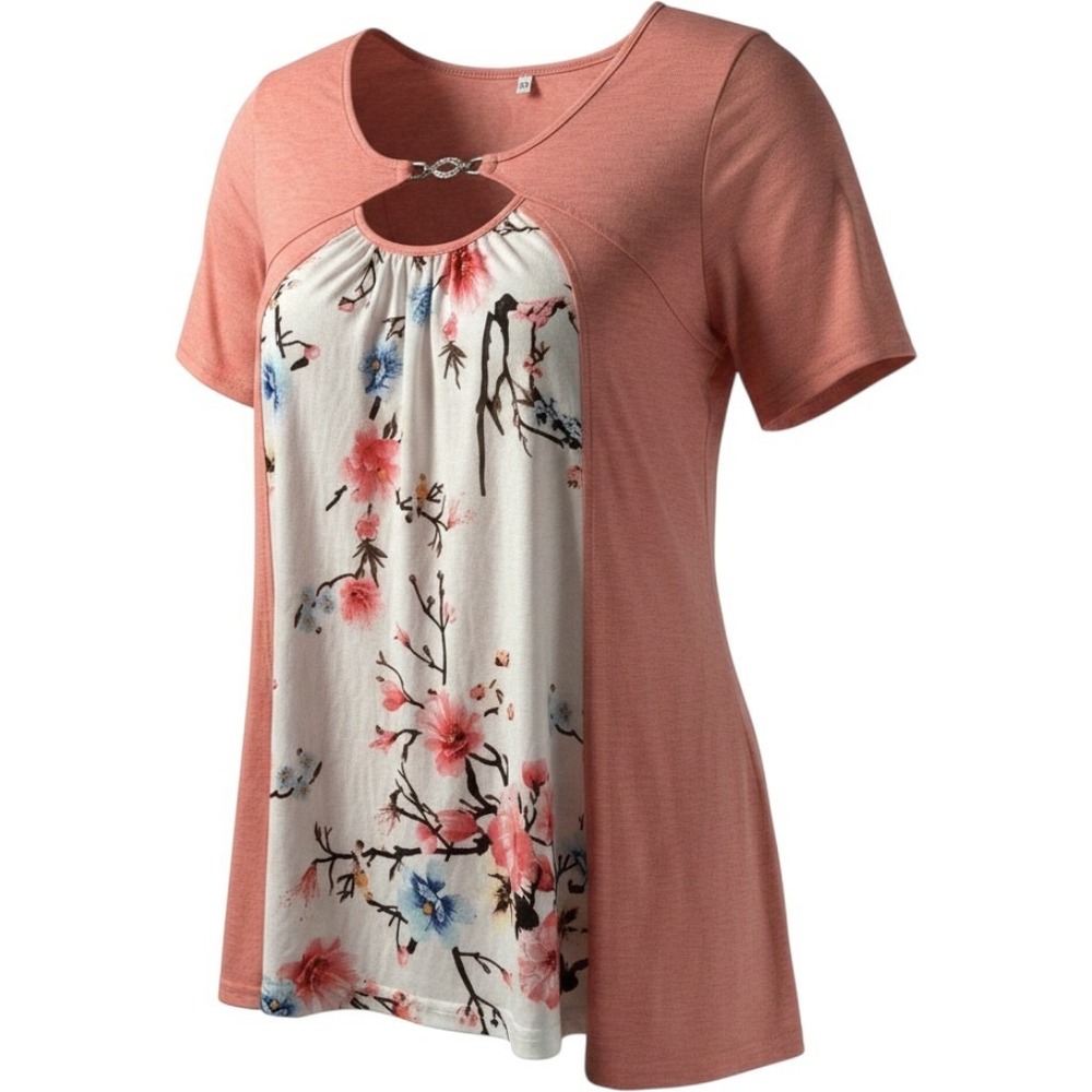 Tunic Top Womens 1XL Coral Pink Excellent Floral Layered Look Keyhole